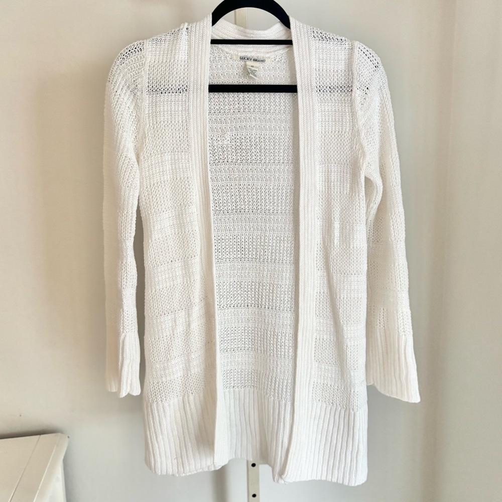 Lucky Brand Open Front Mixed Knit 100% Linen Cardigan Sweater, White Size XS